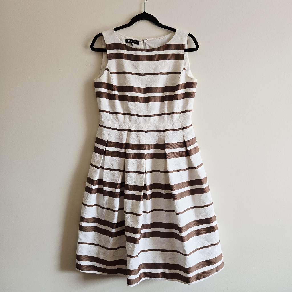 Lafayette 148 I Us 4 (S/M) Jacquard Sleeveless Dress I Striped Cream Brown